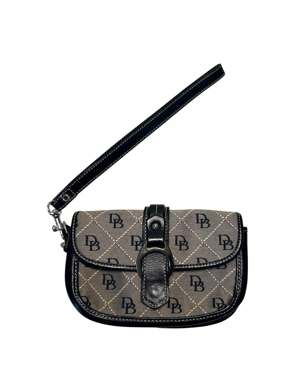 Vintage Dooney and Bourke Gray Black Monogram Wristlet Snap Flap Pouch Clutch